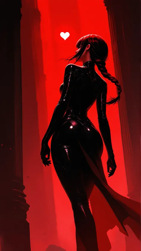 masterpiece, best quality, expressive, godrays, 1girl, Makima, red ambient lighting, glossy skin, red room, seductive pose, tight black lingerie, elbow-length gloves, thick thighs, narrow waist, wide hips, looking over shoulder, leaning forward, bent postu...