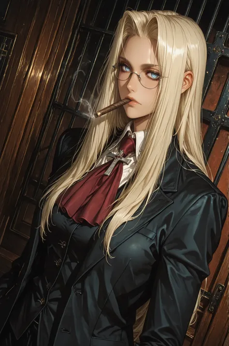 integra hellsing, long hair, blonde hair, blue eyes, glasses, red ascot, cross, formal, suit, pants, high definition eyes, detailed eyes, high gradient eyes, eyesHD, 1 girl, solo, mature female, dutch angle, upper body view, anatomically accurate ratio, de...