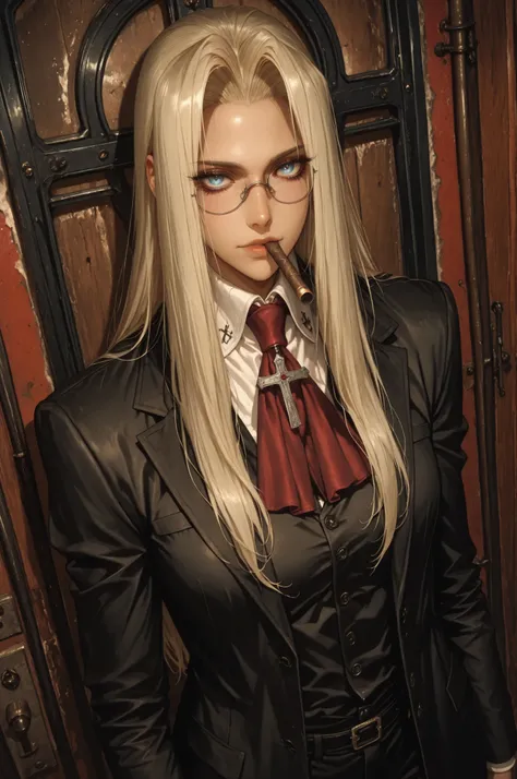 integra hellsing, long hair, blonde hair, blue eyes, glasses, red ascot, cross, formal, suit, pants, high definition eyes, detailed eyes, high gradient eyes, eyesHD, 1 girl, solo, mature female, dutch angle, upper body view, anatomically accurate ratio, de...