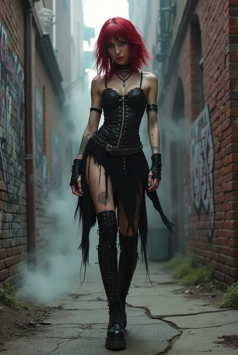 1girl: fierce goth girl, waist-length crimson hair, dark smoky eye makeup, mesh top, spiked choker, black leather corset, tattered skirt, thigh-high platform boots, rings and piercings, rebellious expression Background: graffiti-covered alley with steam ri...