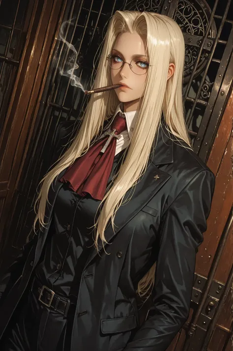 integra hellsing, long hair, blonde hair, blue eyes, glasses, red ascot, cross, formal, suit, pants, high definition eyes, detailed eyes, high gradient eyes, eyesHD, 1 girl, solo, mature female, dutch angle, upper body view, anatomically accurate ratio, de...