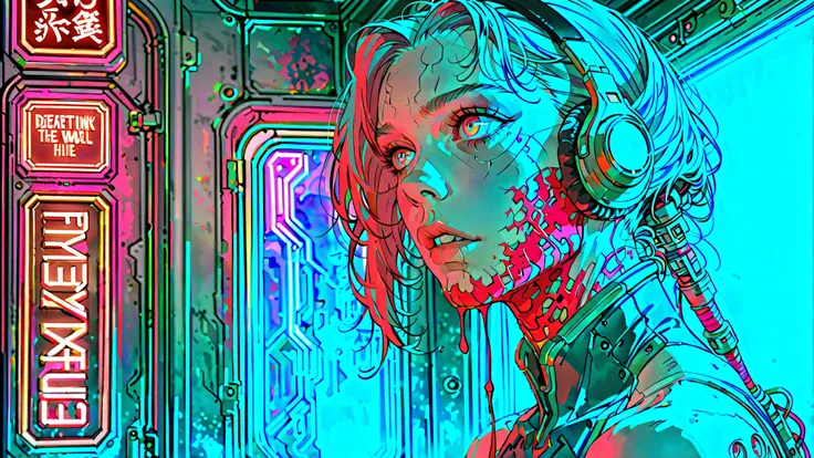 Cyberpunk female zombie wearing headphones, facing the camera. Her eyes glow red, with decayed flesh and cybernetic implants visible. Upper body portrait in a dark cyberpunk atmosphere with neon lights and mist. Horror aesthetic, cinematic lighting, detail...