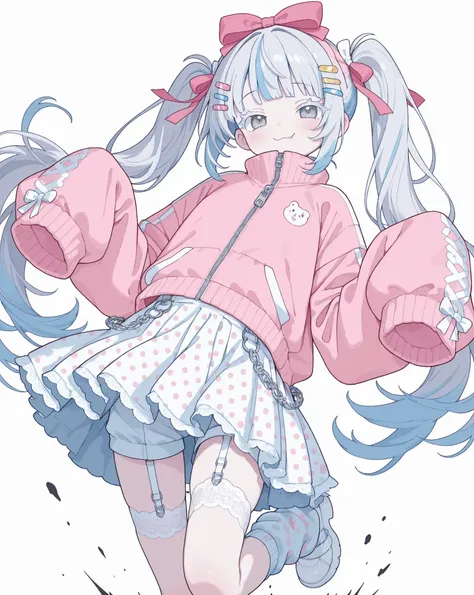 masterpiece, highest quality, 8k uhd, 1 girl, yami kawaii, anime style, closeup face,
dynamic jumping motion, legs lifted, feet not touching the ground, cute,cute,cute,Smug face, closed mouth and fangs,

baby blue hair, silver hair clips, white eyelashes, ...