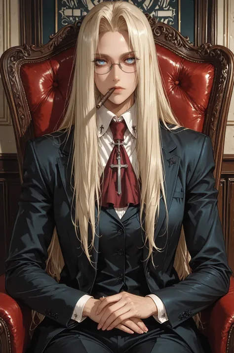 integra hellsing, long hair, blonde hair, blue eyes, glasses, red ascot, cross, formal, suit, pants, high definition eyes, detailed eyes, high gradient eyes, eyesHD, 1 girl. solo, mature female, anatomically accurate ratio, detailed skin image, the girl is...