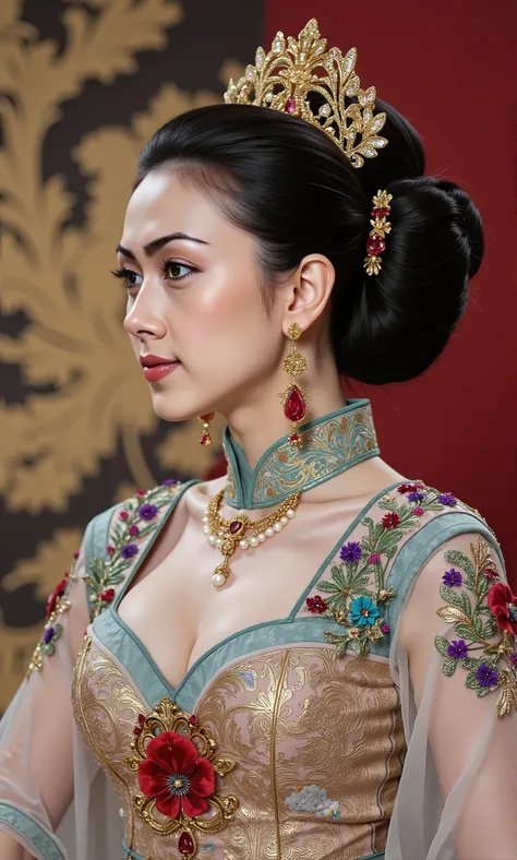 (Masterpiece in maximum 16K resolution:1.6), (intricate detail:1.4), (extremely insane detail:1.4),(highest quality:1.3) | A young woman with long, flowing black hair and a gentle smile poses against a beige tiled bathroom wall. She is wearing a fitted pi...