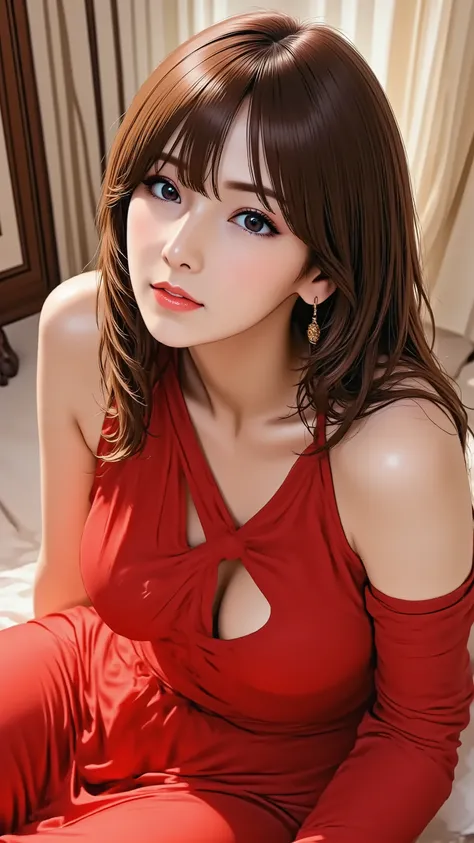 A glamorous cabaret girl in a flowing red evening dress and red high heels. She is in a full-body yokozuwari pose, with an arched back, looking up towards the camera with a slight smile. She has long silky hair and heavy makeup with red lips. Shot from a h...
