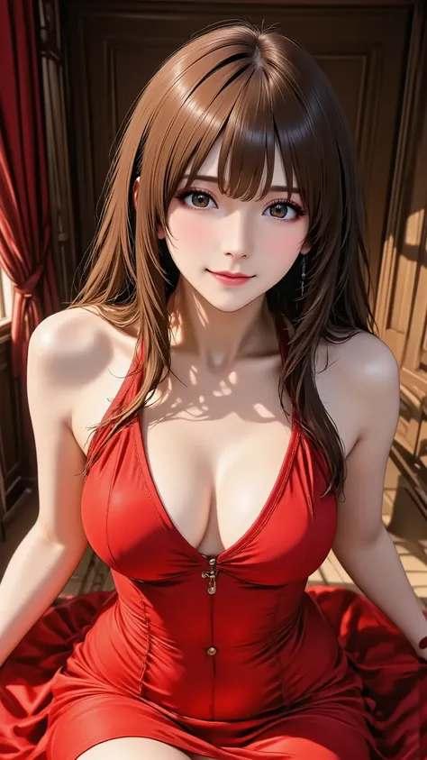 A glamorous cabaret girl in a flowing red evening dress and red high heels. She is in a full-body yokozuwari pose, with an arched back, looking up towards the camera with a slight smile. She has long silky hair and heavy makeup with red lips. Shot from a h...