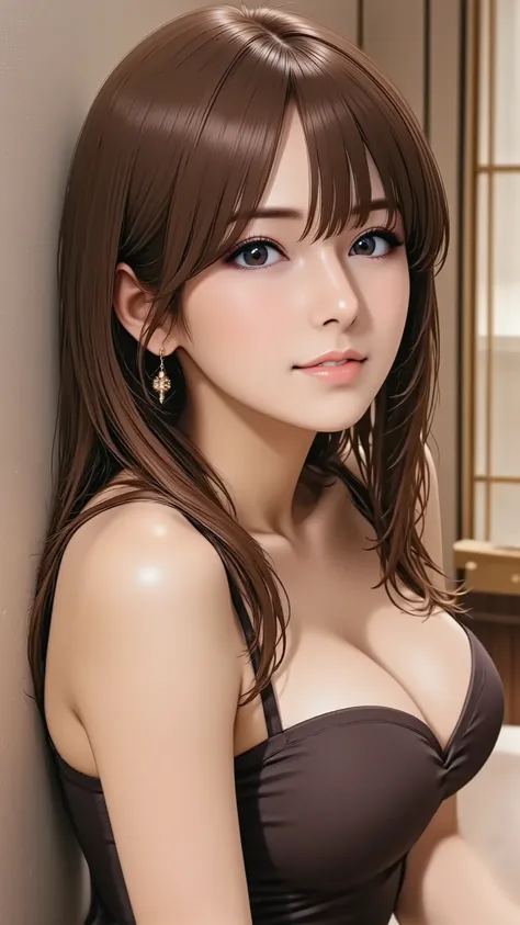 A beautiful adult woman with a captivating gaze, wearing a sophisticated cocktail dress. She has natural and correct anatomy, including her hands and feet. She is leaning casually against a textured wall, one arm gently bent, a relaxed expression on her fa...