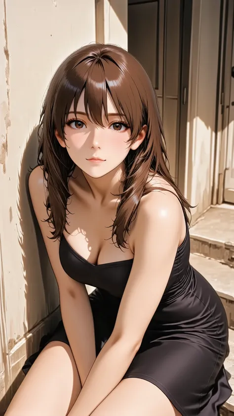 A beautiful adult woman with a captivating gaze, wearing a sophisticated cocktail dress. She has natural and correct anatomy, including her hands and feet. She is leaning casually against a textured wall, one arm gently bent, a relaxed expression on her fa...