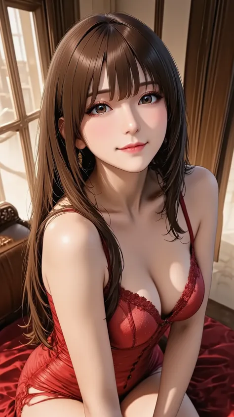 A glamorous cabaret girl in a flowing Lingerie Set. She has natural and correct anatomy, including her hands and feet. She is in a full-body yokozuwari pose, with an arched back, looking up towards the camera with a slight smile. She has long silky hair an...