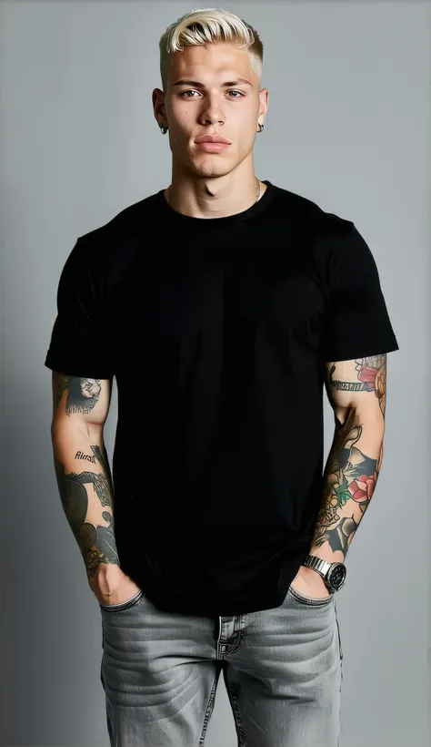 Realistic studio portrait of a young athletic male with light skin and tattoos on arms, wearing a plain black t-shirt like the reference image, casual jeans. The model faces the camera frontally with a confident but natural look, hands in pockets. Studio l...
