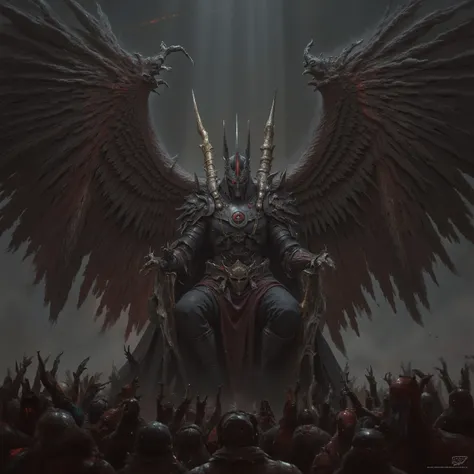 masterpiece、Highest Quality、super high resolution、非常にdetailsな、details、Fantasy Armor、(8K)、 Picture 、Golden Ratio Composition、Realistic、1 person、Big Devil、(Extremely Colossal Man)、wing、horn、重厚なdisaster々New Armor、(throne)、intimidating、disaster々between the De...