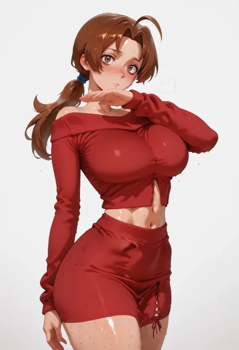 deliaketchum, brown hair, brown eyes, parted bangs, ahoge, ponytail, low ponytail, Solo, Delia Ketchum from Pokémon, BIG BREASTS , shiny skin, shiny hair, shiny body, clear body,, ,, , DYNAMIC POSE , BAGS UNDER EYES, LARGE BREASTS,, STANDIN UPRIGHT, COWBOY...