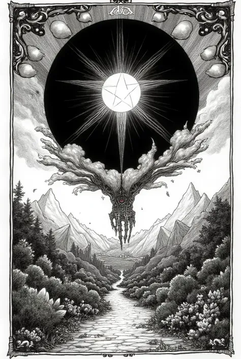 "Tarot card 'Ace of Pentacles' in the style of Kentaro Miura and Koji Mori's Berserk, fused with H.P. Lovecraft cosmic horror. Ultra-detailed black and white ink illustration. PURE MONOCHROME, NO COLOR. FAITHFUL COMPOSITION TO THE ORIGINAL RIDER-WAITE TARO...