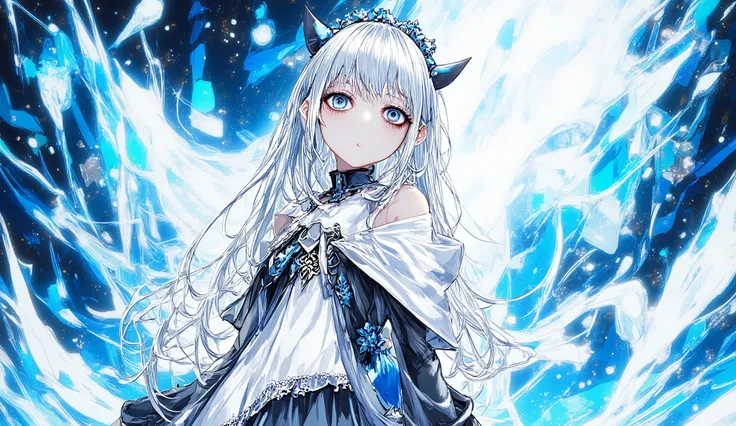 “Beautiful anime girl with long silver hair and pale blue eyes, surrounded by ice shards and snowflakes, wearing a gothic ice queen dress, cold mist around her, upper body centered composition, cinematic lighting.”