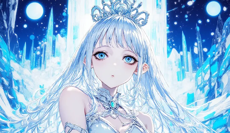 “Elegant ice warrior princess, silver hair glowing under moonlight, blue eyes full of emotion, holding a frosted sword, ice palace background, upper body focus, detailed anime illustration, mystical atmosphere.”