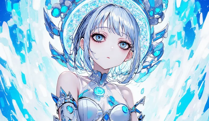 “Kawaii Metal style anime heroine, silver-haired with cold aura, wearing gothic armor and icy crown, surrounded by floating ice petals, upper body focus, intense yet beautiful, fantasy anime art.”