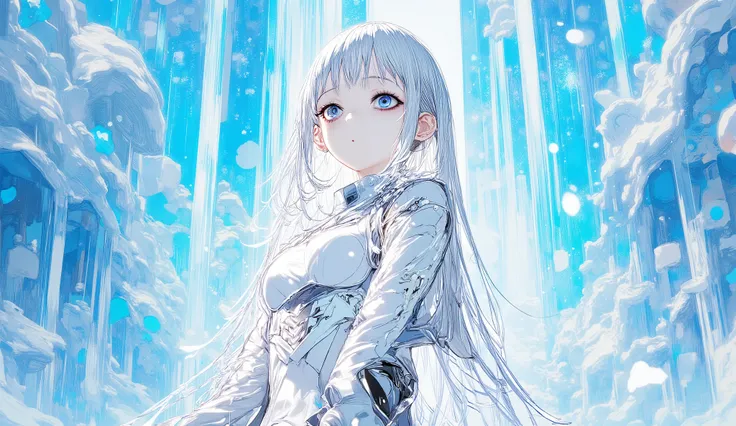 “Melancholic anime girl warrior in icy palace, silver hair reflecting blue light, white armor with frost motifs, delicate expression, snow gently falling, upper body portrait, soft but powerful aura.”