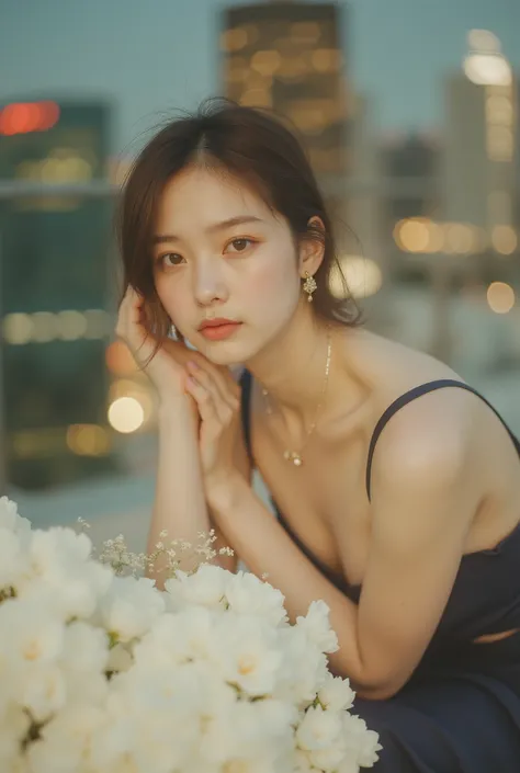 Japanese female model、deep navy silk evening dress（Floor length、Modest Slit）＋Strap Heels＋minimal jewelry、the dress flutters in the style、blue hour with the city skyline in the background、cinematic diagonal composition、natural smile、DSLR Photography、Sony α7...