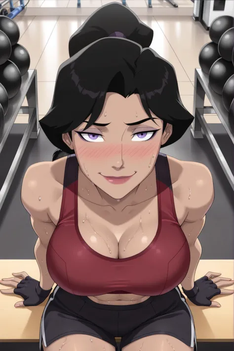 ((parody), perfect anatomy, perfect eyes) BREAK  lois lane, black hair, ponytail, purple eyes, lipstick, makeup, ((looking at viewer)), large breasts, busty, cleavage, curvy, athletic, red sports bra, black gym shorts, red fingerless gloves, teasing viewer...