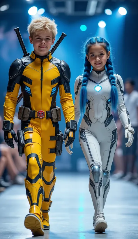 character: 1 preteen boy blonde hair wearing yellow venom Deadpool body suit with silver armor futuristic blue accents with Two swords on the back, and 1 preteen girl blue hair Two braids hair Long Wearing futuristic white venom Ironman body suit with sil...
