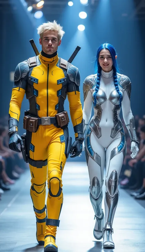 character: 1 young man blonde hair wearing yellow venom Deadpool body suit with silver armor futuristic blue accents with Two swords on the back, and 1 young woman blue hair Two braids hair Long Wearing futuristic white venom Ironman body suit with silver...