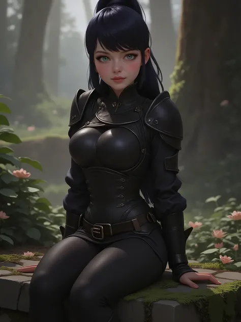 marinette Dopanchan, A very beautiful 24 year old woman, sitting on a moss-covered stone bench, broken leather armor in petrol black, cinematic lighting, soft depth of field, blurred background of trees, (((Masterpiece))), (((high quality, UHD, 16k quality...