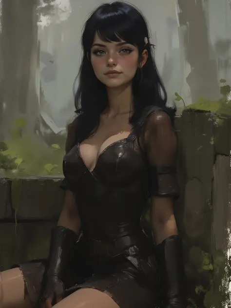 sketch painting, marinette Dopanchan, A very beautiful 24 year old woman, sitting on a moss-covered stone bench, broken leather armor in petrol black, cinematic lighting, soft depth of field, blurred background of trees, (((Masterpiece))), (((high quality,...