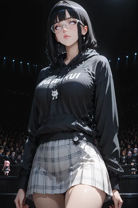 3d animation, uhd, 8k, high quality, a beautiful girl with a sexy body, a girl with physical characteristics similar to Hinata Hyuga, long soft black hair with straight bangs, pale lavender eyes without pupils, full pink lips, with big breasts adding to he...