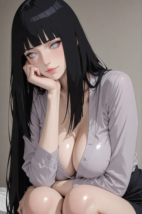 "a girl with physical characteristics similar to Hinata Hyuga in the Naruto anime series, long black hair, with bangs, soft pale lavender eyes without pupils, full pink lips with a sexy body shape, very large breasts with a prominent cleavage, she poses lo...