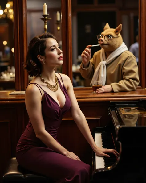 a stunningly sensual woman singing beside a grand piano in a luxurious vintage bar, one hand gently resting on the piano lid, wearing a deep purple evening gown with a plunging neckline, gold earrings and necklace, dark brown hair elegantly styled short, f...