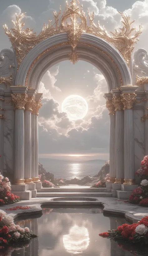 (best quality, masterpiece, intricate detail), majestic ancient Greek/Roman inspired fantasy architecture, (white marble, gold accents), sprawling complex on a cliffside overlooking aluminous cumulus clouds fills the sky, stretching towards a serene horizo...