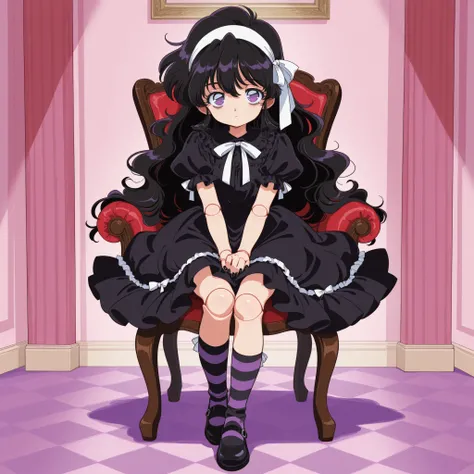 masterpiece, ultra-HD, impressionism, high detail, best quality, very aesthetic, 8K, best quality, beautiful, ultra-high resolution, 32K UHD, sharp focus, hrn_yc Style, bokeh, retro artstyle, 1990, 1girl, solo, loli, very long wavy black hair, purple eyes,...