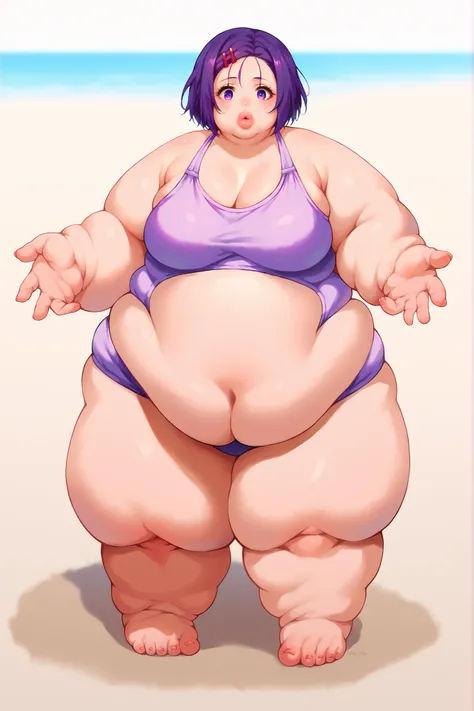portrait, sharp focus, soft lighting,, , illustration, depth of field, (bloom:0.4), 1girl, harunasairenji, haruna sairenji, hair ornament, hairclip, purple eyes, purple hair, short hair, swept bangs, forehead, swimsuit, beach, fat, chubby, obese, only head...