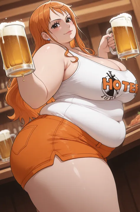 obese,fat,plump,chubby,WeightObese,highres, hi res, best quality, masterpiece,, anime coloring,
1girl, (nami \(one piece\):1.1), large breasts, thick thighs, narrow waist, HootersUniform, employee uniform, short shorts, orange shorts, tank top, white shirt...
