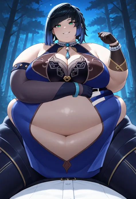 bloated belly,hyper fat,hyper obese,obese,fat,plump,WeightImmobile,giantic tights, highres, absurdres,cowboy shot,1girl,solo,yelan, black hair, blue hair, eyebrows hidden by hair, green eyes, multicolored hair, short hair,bare shoulders, black gloves, chin...