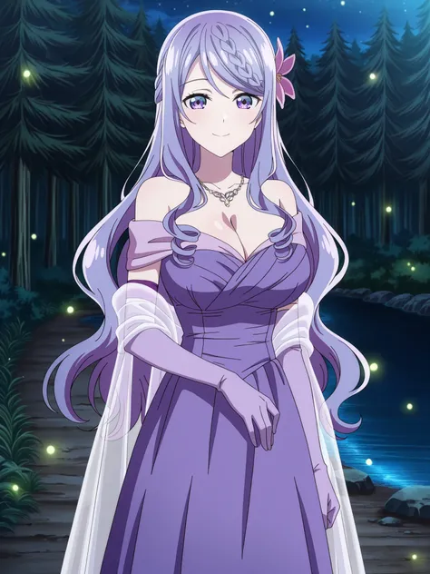 (very_aesthetic, best_quality, high_resolution, ultra_detailed, anime_screencap), 1 girl, solo, Flora Beltrum, bangs, hair flower ornament, long hair, purple eyes, detailed eyes, purple hair, braid, swept bangs, ultra delicate hair, smile, huge breasts, cl...