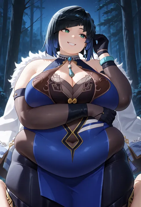 hyper fat,hyper obese,obese,fat,plump,WeightChubby,giantic tights, highres, absurdres,cowboy shot,1girl,solo,yelan, black hair, blue hair, eyebrows hidden by hair, green eyes, multicolored hair, short hair,bare shoulders, black gloves, chinese clothes, cle...