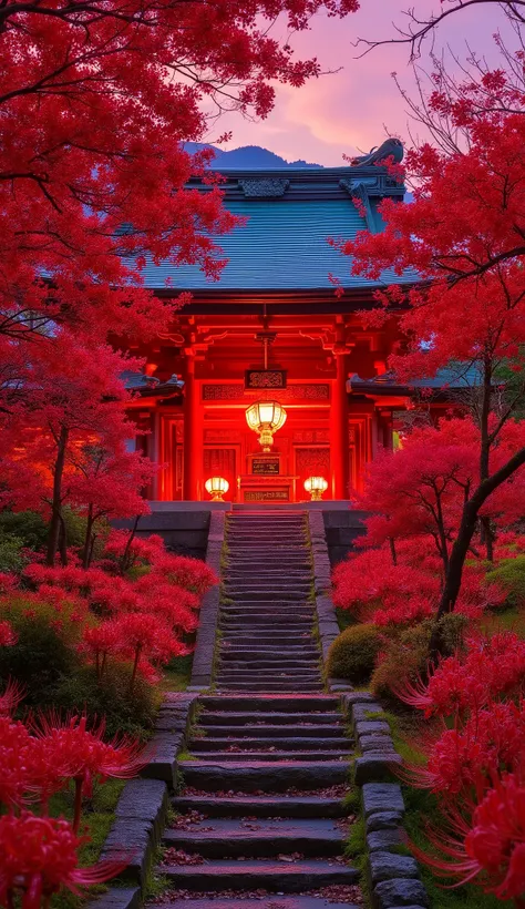 (古いAs I climbed the mossy stone steps, 、a vermilion Japanese temple appears:1.5),(Japanese-style templeと石灯籠:1.5),(As I climbed the mossy stone steps, 、A magnificent old shrine appears:1.5), (A beautiful world dyed in the sunset:1.5),A mysterious world),fan...