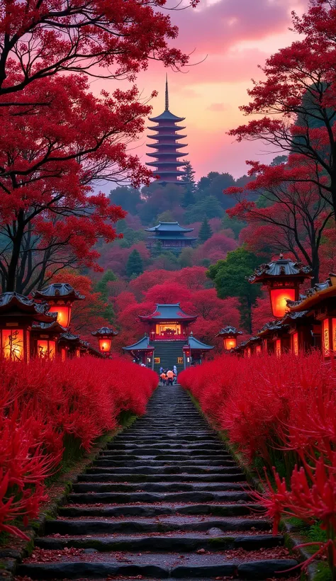 (古いAs I climbed the mossy stone steps, 、A vermilion Japanese five-story pagoda appears:1.5),(Japanese-style temple and stone lanterns:1.5),(As I climbed the mossy stone steps, 、A majestic five-story pagoda appears:1.5), (A beautiful world dyed in the sunse...