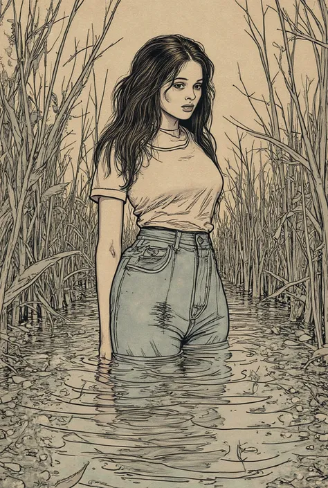 70s illustration,, The linear pattern , weird fetiche aesthetics, girl, standing drowning in a swamp, t-shirt and dirty jeans, fetish desperate posing