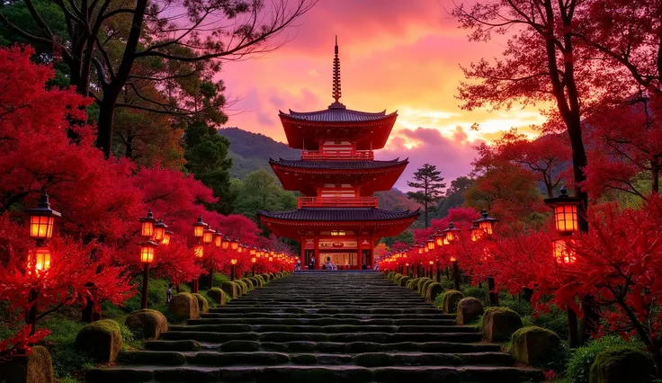 (古いAs I climbed the mossy stone steps, 、A vermilion Japanese five-story pagoda appears:1.5),(Japanese-style temple and stone lanterns:1.5),(As I climbed the mossy stone steps, 、A majestic five-story pagoda appears:1.5), (A beautiful world dyed in the sunse...