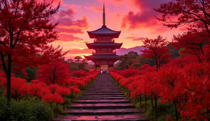 (古いAs I climbed the mossy stone steps, 、A vermilion Japanese five-story pagoda appears:1.5),(Japanese-style temple and stone lanterns:1.5),(As I climbed the mossy stone steps, 、A majestic five-story pagoda appears:1.5), (A beautiful world dyed in the sunse...