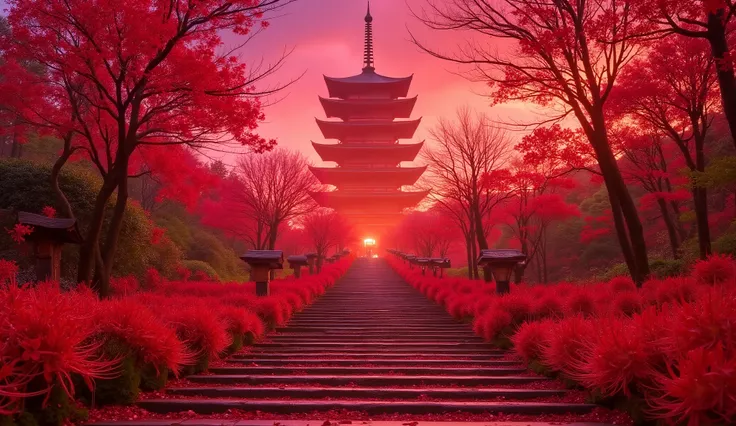 (古いAs I climbed the mossy stone steps, 、A vermilion Japanese five-story pagoda appears:1.5),(Japanese-style five-story pagodaと石灯籠:1.5),(As I climbed the mossy stone steps, 、A majestic five-story pagoda appears:1.5), (A beautiful world dyed in the sunset:1....