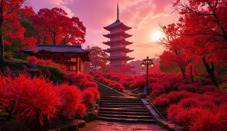 (古いAs I climbed the mossy stone steps, 、A vermilion Japanese five-story pagoda appears:1.5),(Japanese-style five-story pagodaと石灯籠:1.5),(As I climbed the mossy stone steps, 、A majestic five-story pagoda appears:1.5), (A beautiful world dyed in the sunset:1....