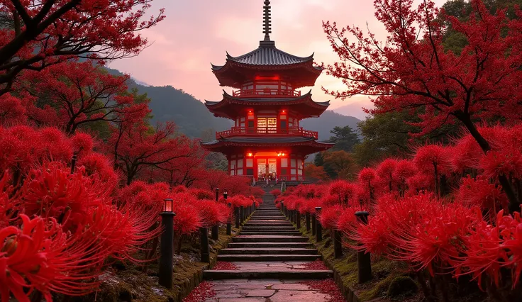 (古いAs I climbed the mossy stone steps, 、A vermilion Japanese five-story pagoda appears:1.5),(Japanese-style five-story pagodaと石灯籠:1.5),(As I climbed the mossy stone steps, 、A majestic five-story pagoda appears:1.5), (A beautiful world dyed in the sunset:1....