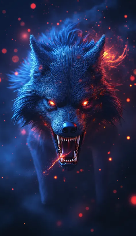 Terrifying wolves that howl from outer space come to Earth to ravage it, with fangs and claws capable of tearing your face, they will wipe humanity from the face of the earth. Concept art for League of Legends, logo for digital art, illustration, wlop-insp...