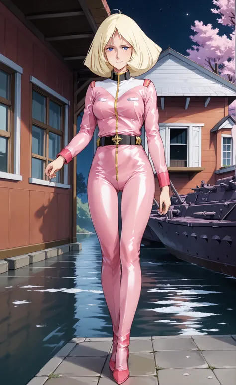 one girl, solo,Beautiful girl with 8 heads, (cowboy shot), 1980 \(style\), Seirama, (beautiful blonde:1.5),smile, Shy, Middle Bust, on a pasture at night, (I'm wearing a pink full body rubber suit:1.5), Style your hair, viewers, (standing in the teacher's ...