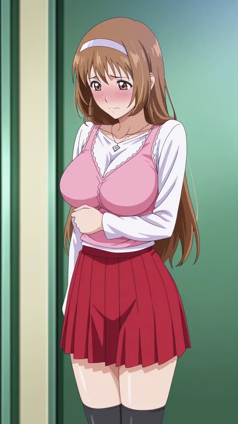 Momose Ayumu , brown hair, long hair, hair band,
brown eyes,
pink camisole, white shirt, red pleated skirt, black thigh high socks,large breasts
Blushing、has an embarrassing face