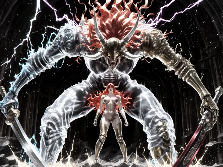 (masterpiece, very detailed, ethereal fantasy art:1.3), two divine warrior gods in profile view,((  Standing face to face )), a radiant mystical purple aura, and the other one shining with golden crimson red energy, , milenia una con un elegante cabello su...